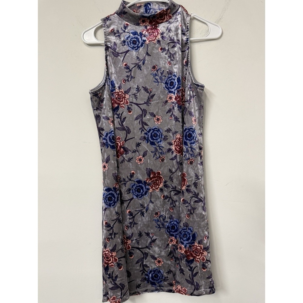 Vtg Y2K Mudd Large Mock Neck Velvet Dress Gray Pink Floral Sleeveless Fairy